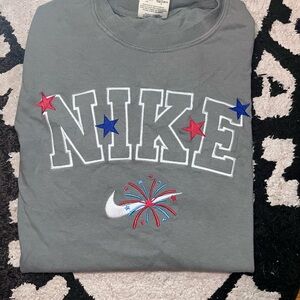 Embroidered Nike Gray Tee Shirt with Red and Blue Stars/Fireworks